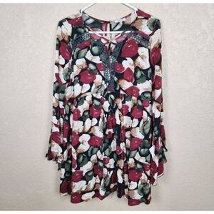 Jodifl Red Green Abstract Print Empire Waist Crochet Detail Dress Large (3579)